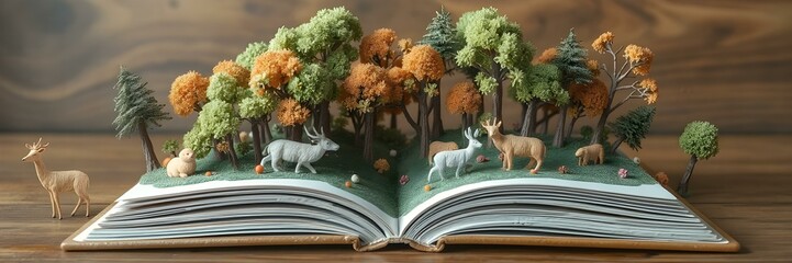 Open Book: A whimsical diorama of a miniature forest scene, complete with trees, deer, and rolling hills, springs to life within the pages of an open book.
