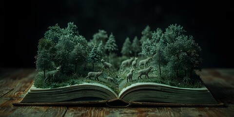 Enchanted Storybook: An open book reveals a miniature forest scene, with lush trees, grassy areas, and a pack of wolves traversing the landscape.