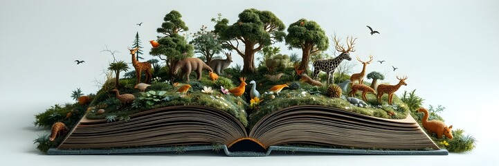 Whimsical World Within a Book: A vibrant, fantastical world springs forth from an open book, showcasing miniature flora and fauna amidst rolling hills and verdant landscapes.