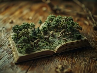 Miniature Woodland: A captivating miniature woodland scene, complete with intricate details, bringing the beauty of nature to life within an open book on rustic wooden surface.