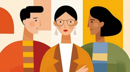 A woman with glasses stands with arms crossed between two coworkers who look upset. The minimalist art style suggests tension and workplace stress