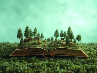 Open Book Nature Scene: An open book transforms into a vibrant nature scene, a captivating tableau where a forest with deer unfolds amidst the pages. A symbol of imagination and storytelling.