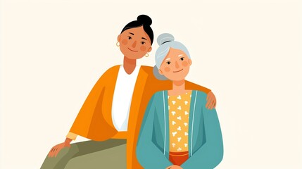 A young woman puts her arm around an older woman. The older woman has gray hair in a bun. Both women are smiling in this minimalist vector illustration