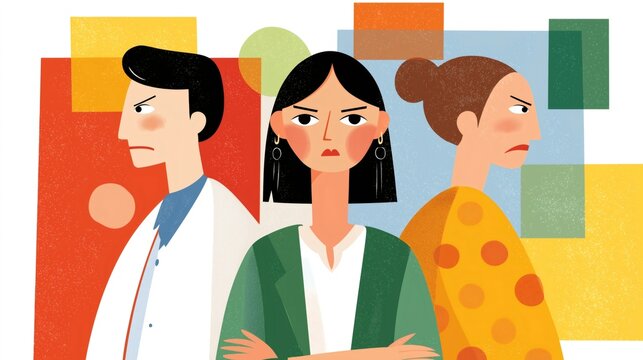 Three professional individuals stand with arms crossed and scowling expressions. One faces the viewer, and the others face away, appearing angry with each other