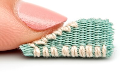 Close-up of a fingertip holding a teal fabric swatch with cream stitching