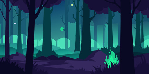 A magical enchanted luminous fantasy glowing forest cartoon video background scene vector illustration