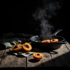 Moody still life of apricots in a rustic French kitchen setting. Two apricots halved and caramelizing in a cast iron skillet with honey drizzle