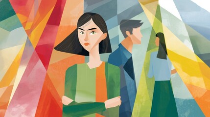 A woman is standing with her arms crossed. In the background are a man and a woman. The scene is set against a geometric pattern of different colors