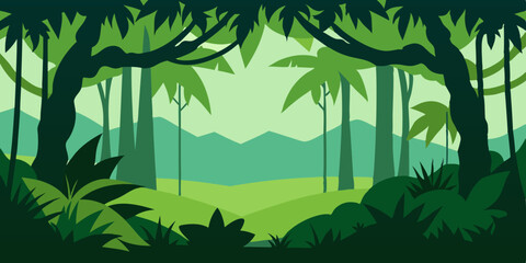 A high looking up dense verdant jungle canopy cartoon video background scene vector illustration