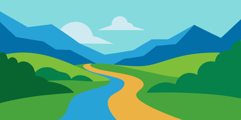 A wide meandering calm green valley river cartoon video background scene vector illustration