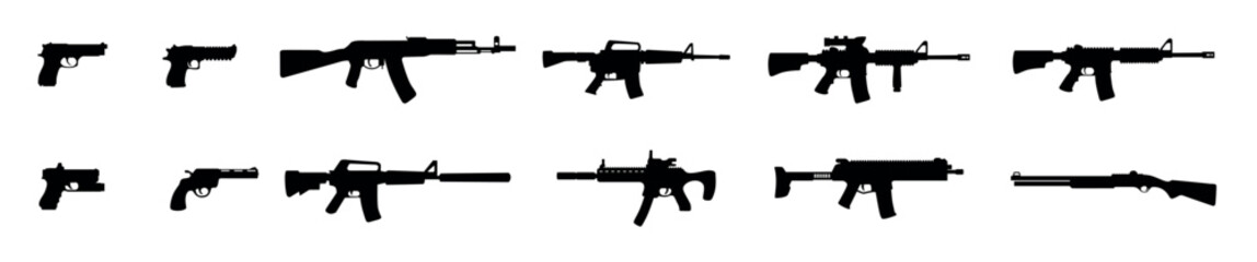 Assault rifle silhouette set vector on a white background
Vector Weapons Silhouette Bundle Isolated Machine Gun silhouettes Set Vector illustration