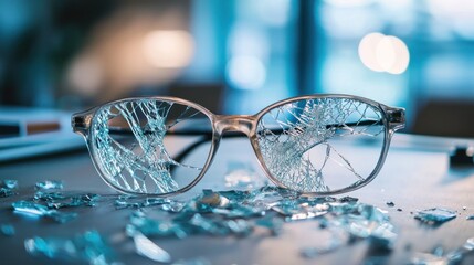 A close-up of a broken pair of eyeglasses lying on a desk, symbolizing impaired vision and its challenges