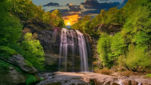 A peaceful waterfall in the forest at sunset. The water flows gently down the rocks. The trees sway slightly in the breeze, and the clouds slowly move across the sky.