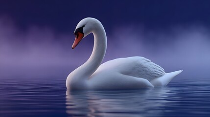 Obraz premium Serene swan floating in a misty, fantasy lake