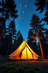 Luminous canvas tent amidst towering trees, stars above , oak, quiet