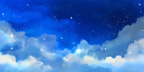 Fototapeta premium Dreamy blue watercolor nebula sky texture with soft starlight sparkles, abstract cosmic background ideal for art and decorative design use