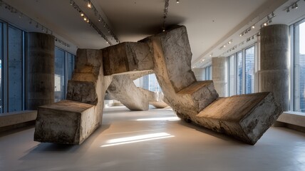Abstract Concrete Structure in Modern Gallery Space with Natural Light