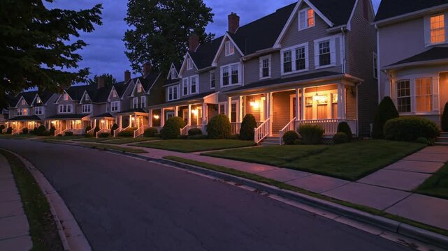 Residential Serenity at Twilight: A row of classic houses line a tranquil street, their inviting lights illuminating the twilight sky and creating a sense of warmth and community.