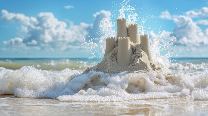 A sandcastle being washed away by an incoming wave, symbolizing the impermanence of human creations