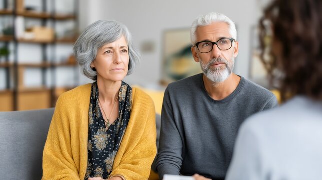 A mature couple sits on a sofa during a therapy session. They listen attentively to their female therapist in her office during the daytime. Bittersweet feelings are evident