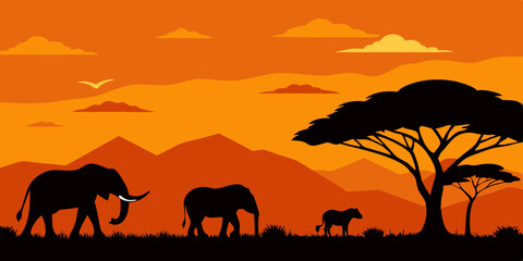 Fototapeta premium An adventurous african wildlife safari cartoon video background scene vector illustration
