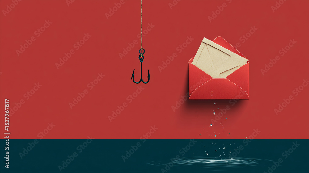 Poster a phishing concept with a hook hanging above water and an open envelope with letter on red backgroun