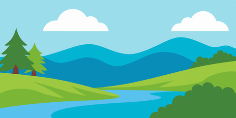 A peaceful calm scenic riverbank view cartoon video background scene vector illustration