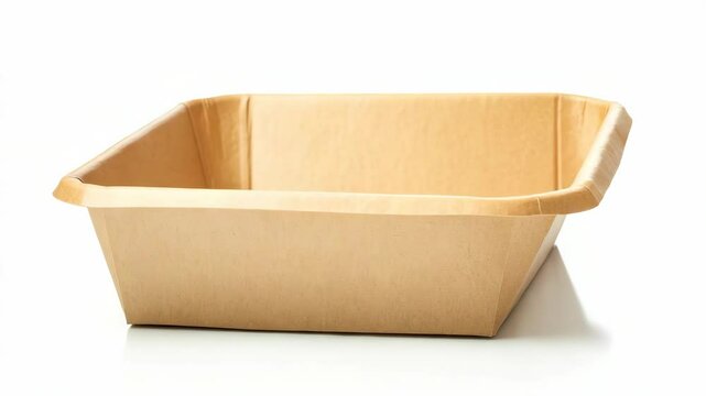Single brown disposable paper food tray with angled sides shown in studio lighting on white background, concept of eco-friendly packaging