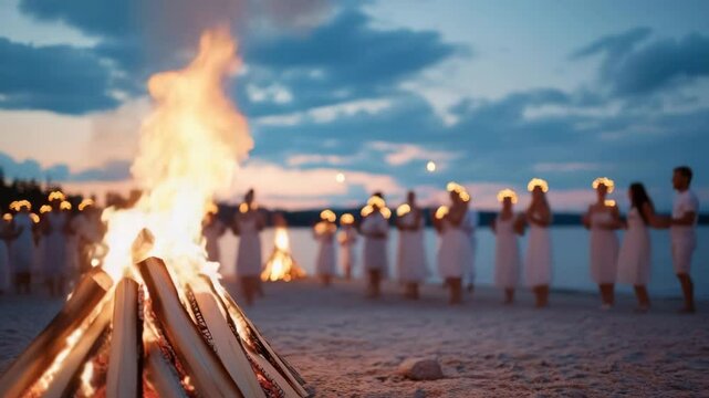 Bonfire on beach at twilight, people in white celebrating.