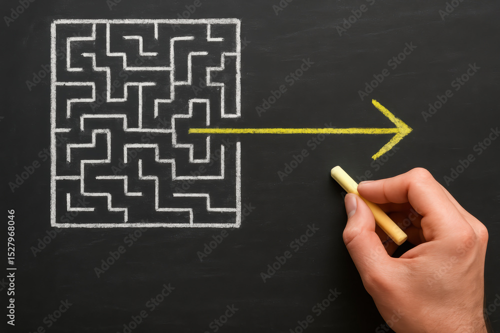 Poster navigating complexity this symbolizes strategic direction as a draws a path through a maze with chal