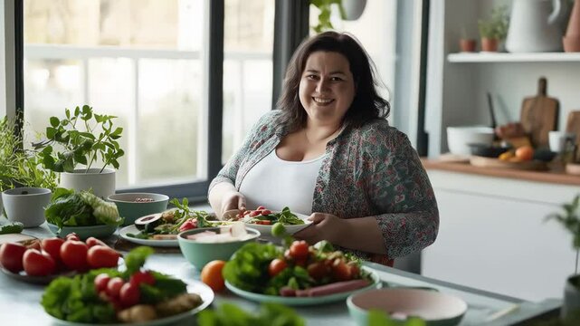 Body positive plus size woman preparing fresh, vibrant salad in home kitchen, embracing healthy eating and self acceptance with genuine smile