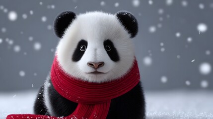 Cozy panda bear wearing a red scarf in a snowy winter portrait