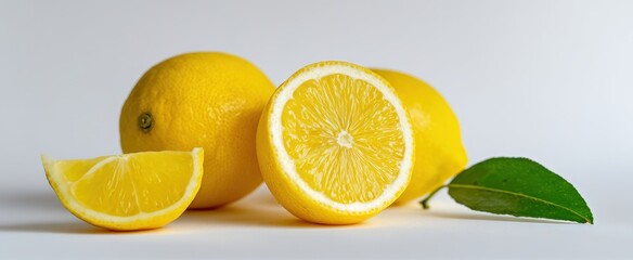 Fototapeta premium The vibrant lemons displaying freshness with sliced detail and green leaf.