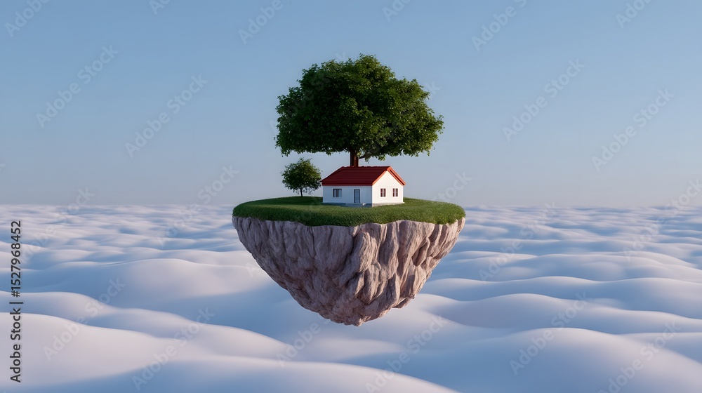 Poster floating island with a house and tree above the clouds