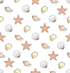 Seashell background. Seamless doodle shell seamless vector pattern.