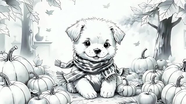 Adorable Puppy in Autumn Black and White Illustration