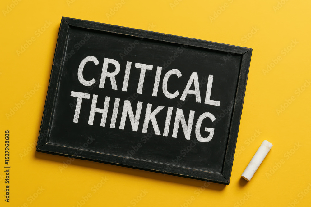 Poster a small chalkboard with a worn black surface highlights the essential concept critical thinking as a