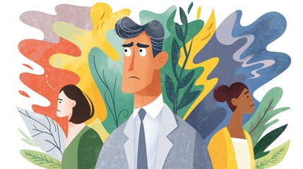 A man and two women in business attire stand facing away with concerned expressions. An abstract background displays muted tones of green, blue, yellow and orange