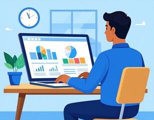 Man Working On Computer With Charts And Graphs