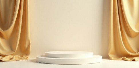 Modern white podium with gold fabric accents on beige background, marketing, advertising
