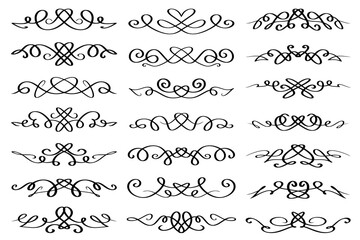 Line art abstract calligraphic design elements. Curved decorative borders with swirls and hearts. Collection of text dividers, abstract paragraph separators, luxury borders.