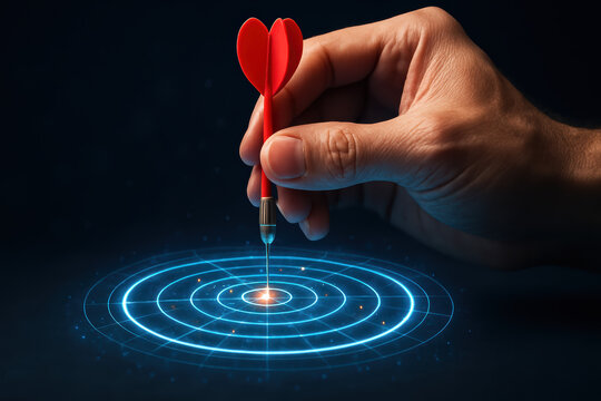Precision and focus drive success as a guides a red dart into the center a glowing target symbolizing strategic achievement