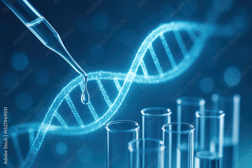 Aufkleber innovation in science drives progress as a pipette releases liquid near test tubes beneath a glowing
