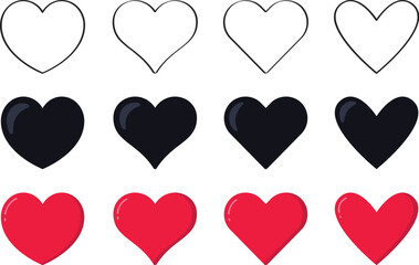 Heart Icon Set – Outline, Black, and Red Love Symbols Collection