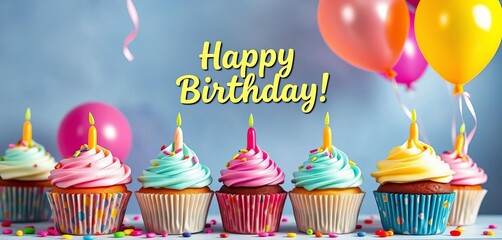 Happy birthday card templates featuring vibrant cupcakes and balloons,  fun,  cupcake