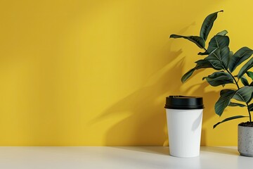 Mockup Premium Minuman Dengan Gelas Hitam Dan Gagang Kuning Di Dinding Abuabu Putih Proyeksi