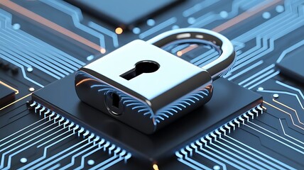 Metallic padlock on circuit board representing data protection and cyber security
