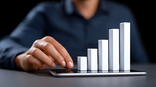 Businessman reviewing digital sales report with floating bar chart - Powered by Adobe
