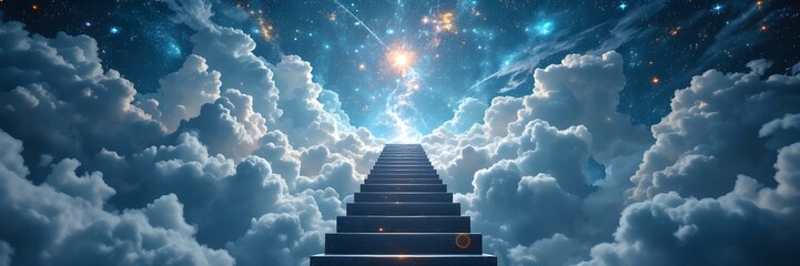 Stairway to the Celestial: A surreal scene of a staircase ascending through fluffy clouds toward a brilliant star in the vast, starlit expanse of the night sky. A symbolic image of dreams, ambition.