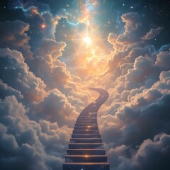 Stairway to Celestial Heights: An ethereal depiction of a stairway ascending through a celestial realm of clouds and stars. This evocative artwork captures the journey towards enlightenment.